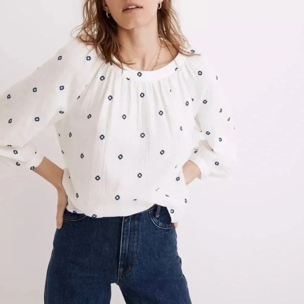New Madewell Embroidered Lightspun Wide Neck Cuffed Sleeve Top